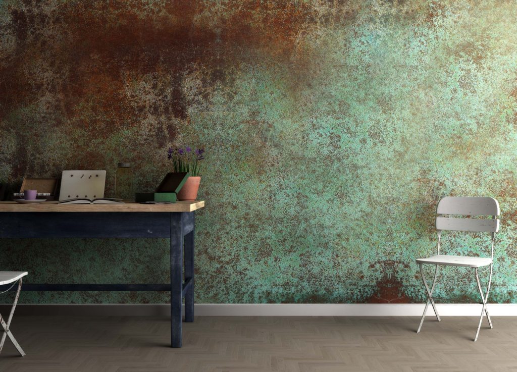Study room wall finished using liquid metal copper patina finish