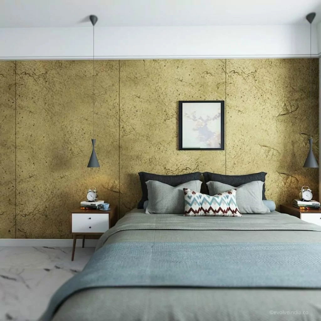 Liquid Metal Brass Finished Bed Backdrop Designed by Evolve India
