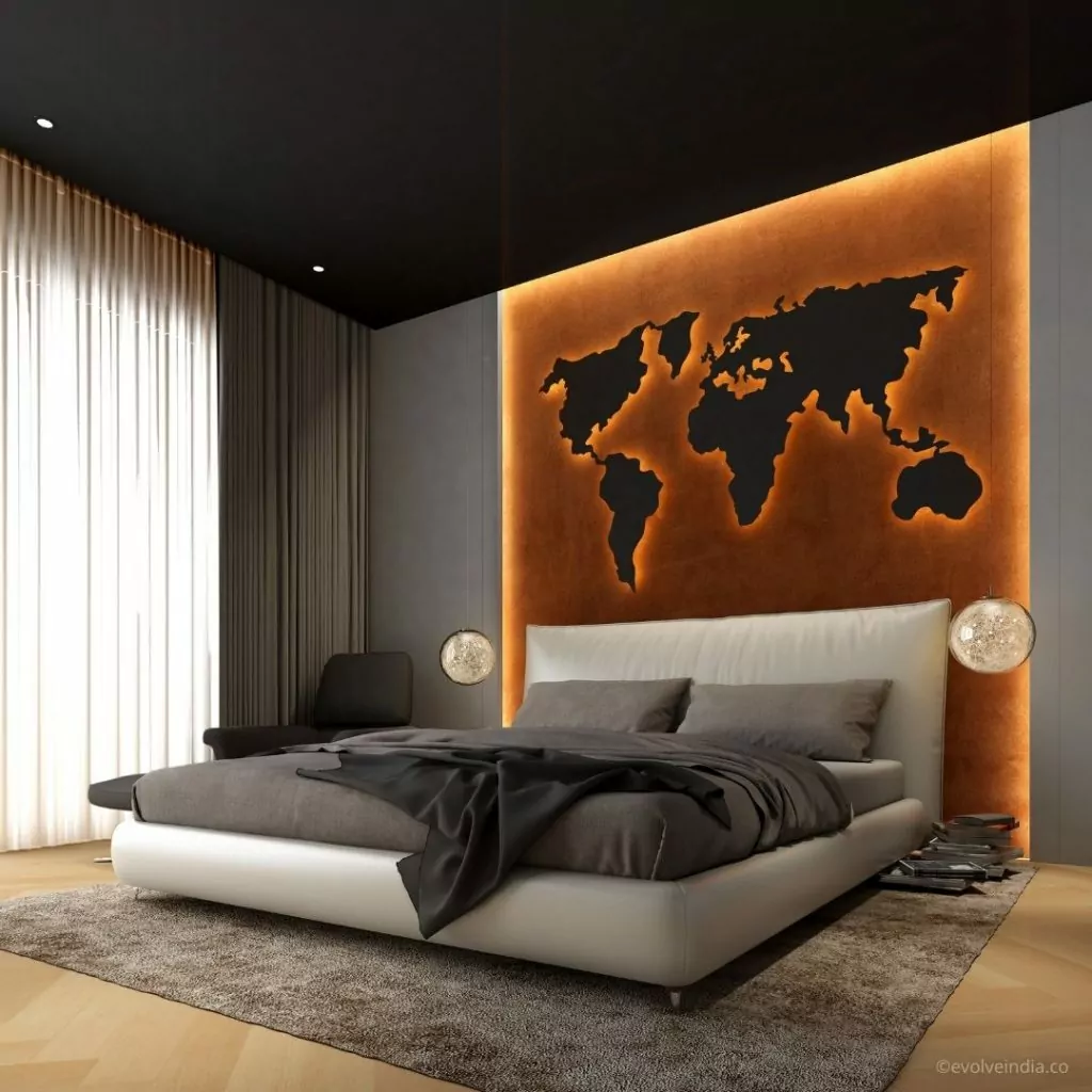 An Earthy Bed Backdrop Designed Using Corten Steel a.k.a Rust Textured Finishes by Evolve India