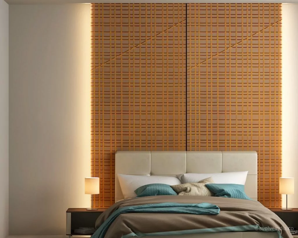 A Bed Backdrop Designed Using Rust Finished Ready to Install Panels by Evolve India
