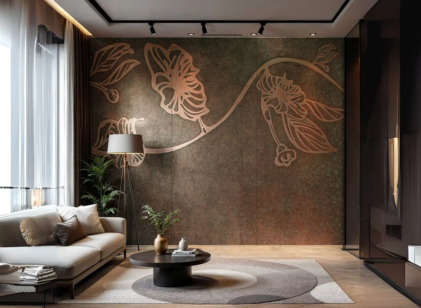 Accent Wall in Evolve's Arcadius Copper Wall Panels A living room accent wall crafted using three bespoke designer wall panels in Evolve's Arcadius copper flower design
