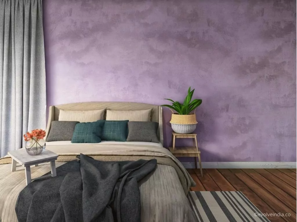 Modern bed back accent wall designed using decorative concrete finish