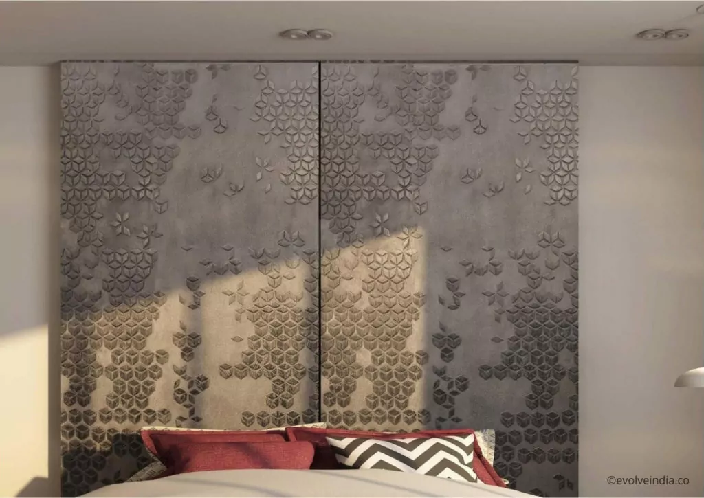 Bed back wall designed using decorative concrete wall panels by Evolve India