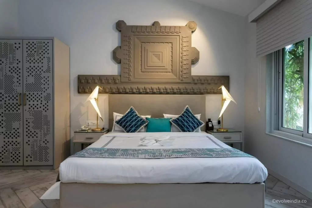 Decorative concrete finished statement art piece for bed back wall