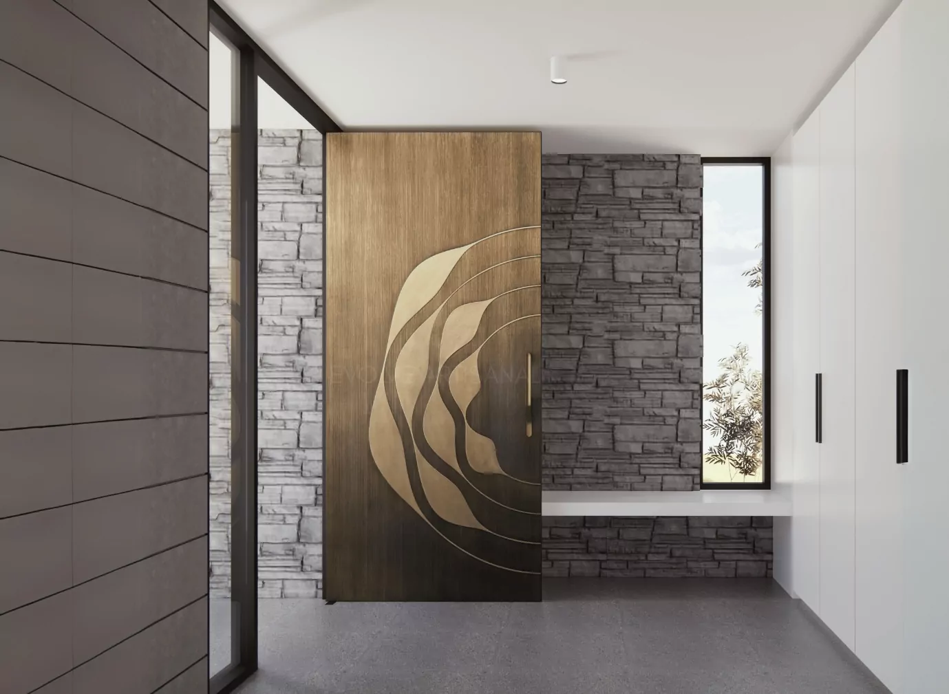 Entrance Door in Evolve's Ash Bronze Door Skin A modern apartment entrance with main door crafted using Evolve's bestseller Ash Bronze Patina door skin
