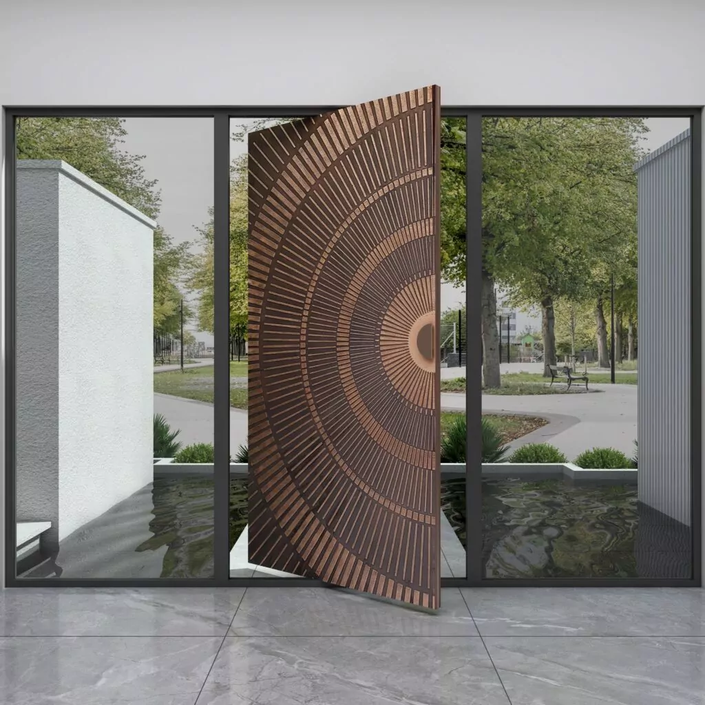 Metal finished pivot door by Evolve India