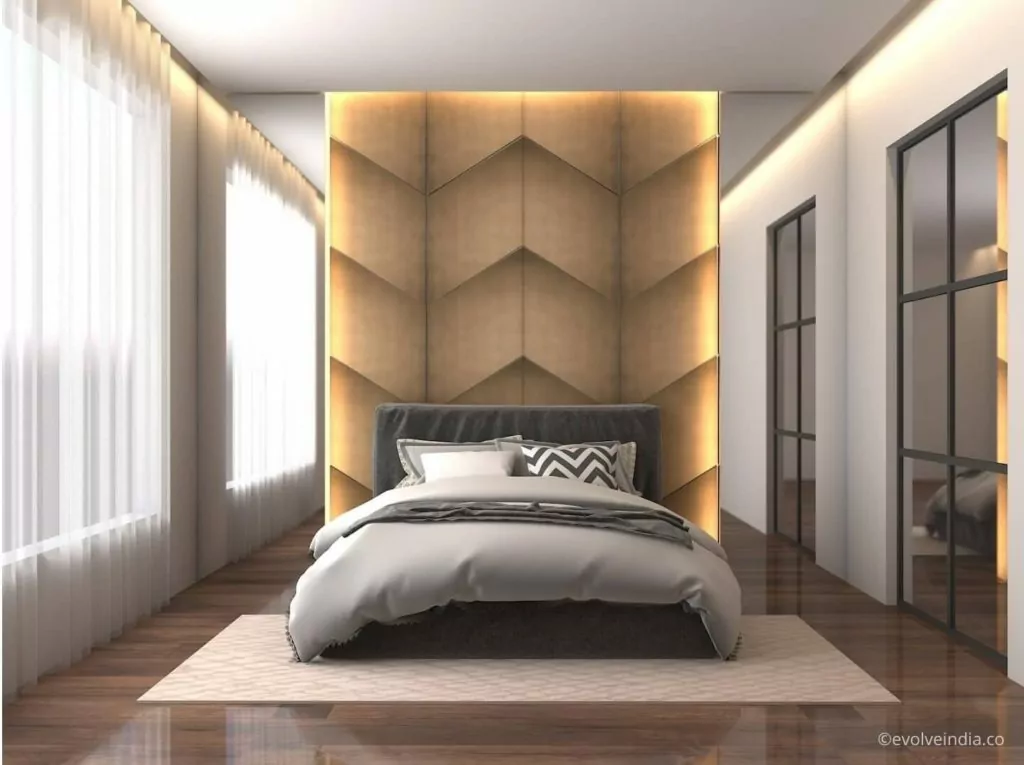 Sophisticated bed back design crafted using liquid metal wall panels by Evolve India