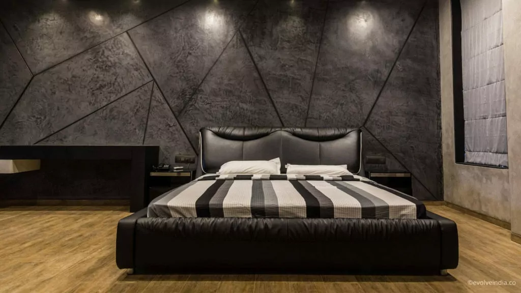 Textured concrete finished modern bed back wall design ideas for 2022