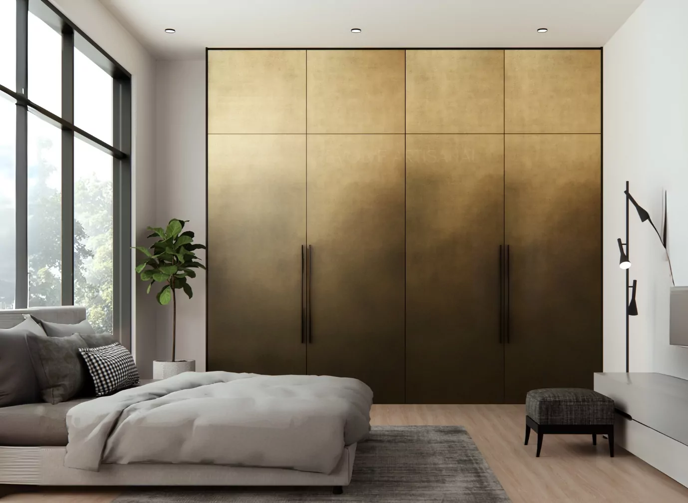 Wardrobe Shutters in Evolve's Ombre Furniture Panels A wardrobe set in a modern bedroom where the shutters are crafted using Evolve's Ombre Brass artisanal panels